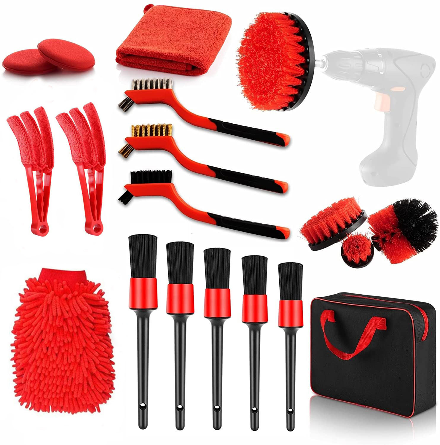 Groothandel 19 stuks Autoverwastools Kit Boor Schoonborstel Detailborstel Met Tas Voor Auto Interieur Exterieur Was