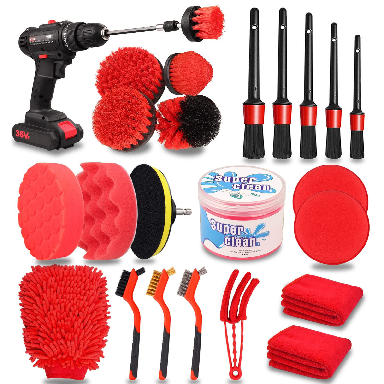 24 Pcs Auto Detail Brush Set Drill Soft Brushes Was Kit Met Reiniging Gel Voor Interieur Exterieur Wielen Dashboard