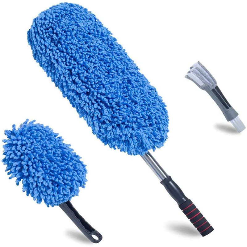 3pcs Blauwe zachte stofzuiger auto detailborstel Microfibre legering wielenborstel met lang handvat